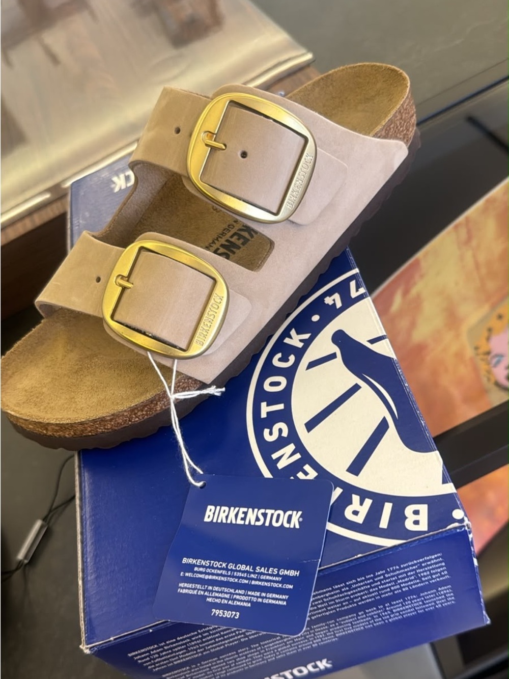 Birkenstock Two-Strap Suede Sandals with Gold Buckles - Taupe - Picture 1 of 1